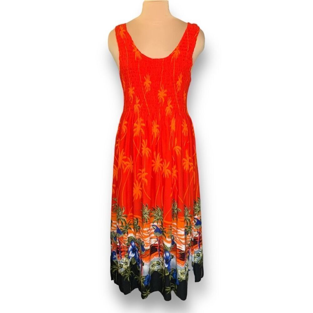 Vintage Maxi Dress Hawaiian Print Red Blue Pattern Floral Smocked Top‎ Tropical